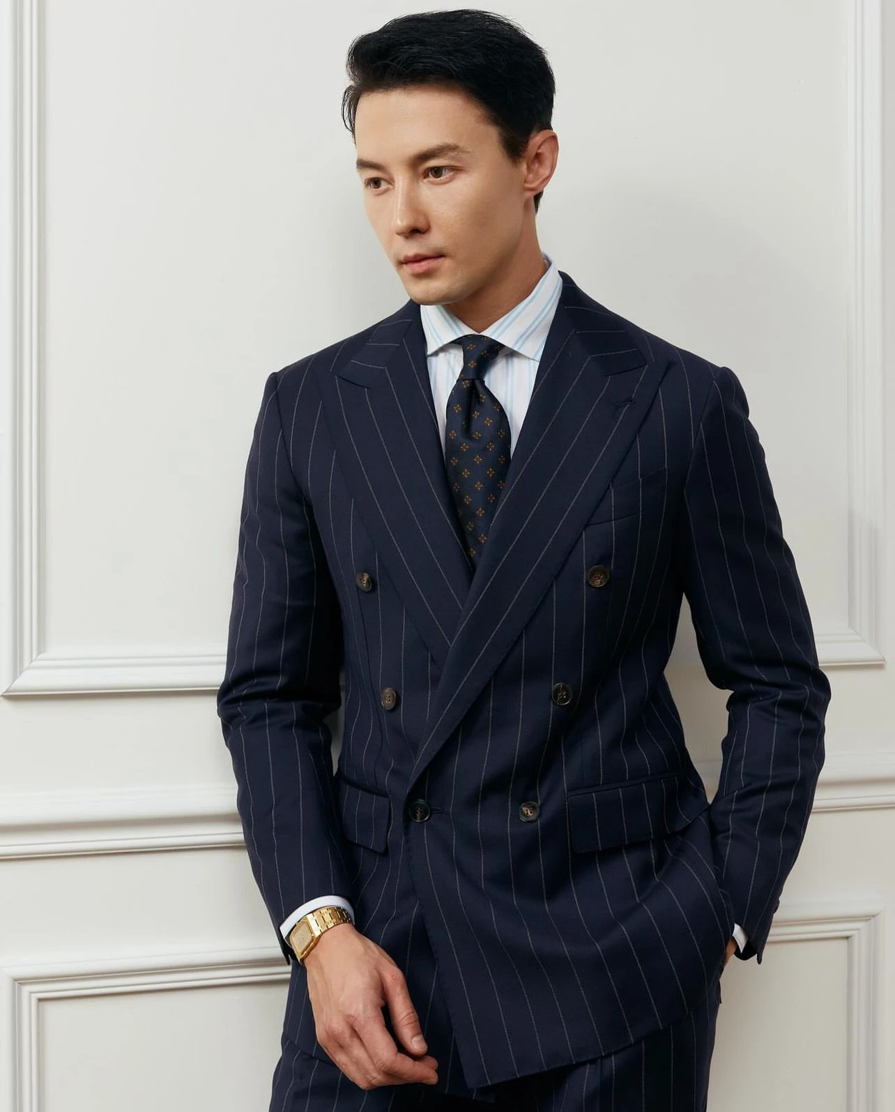Мужские костюмы в темно-синюю полоску двубортный деловой Блейзер смокинг для