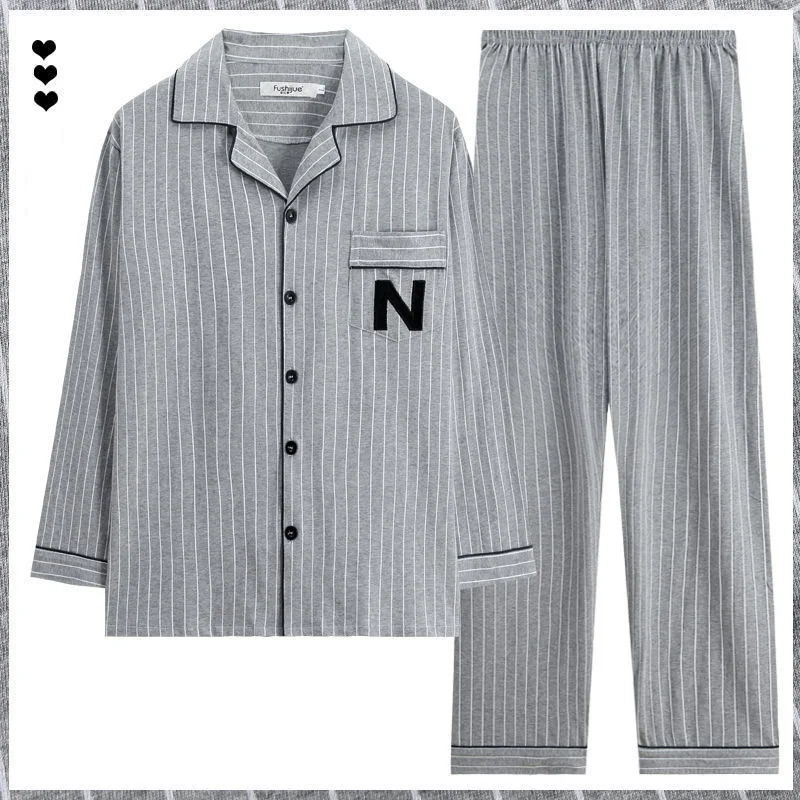 Extra-large Plus Size Men's Autumn and Winter Plaid Design Long-sleeved Trousers Suits Cotton Home Clothes Men Pajamas Set