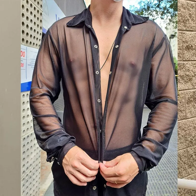 

Sexy See Through Long Sleeve Shirt Men 2022 Brand Transparent Button Up Shirt Men Nightclub Party Perform Shirts Male Chemise
