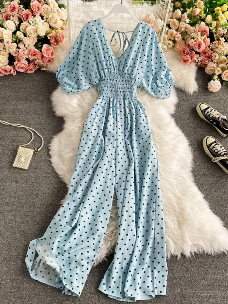 

Summer Vintage Dot Print Jumpsuit Sexy V Neck French Slim Waist Overalls For Women 2023 Fashion New Loose Pants Chic Clothes