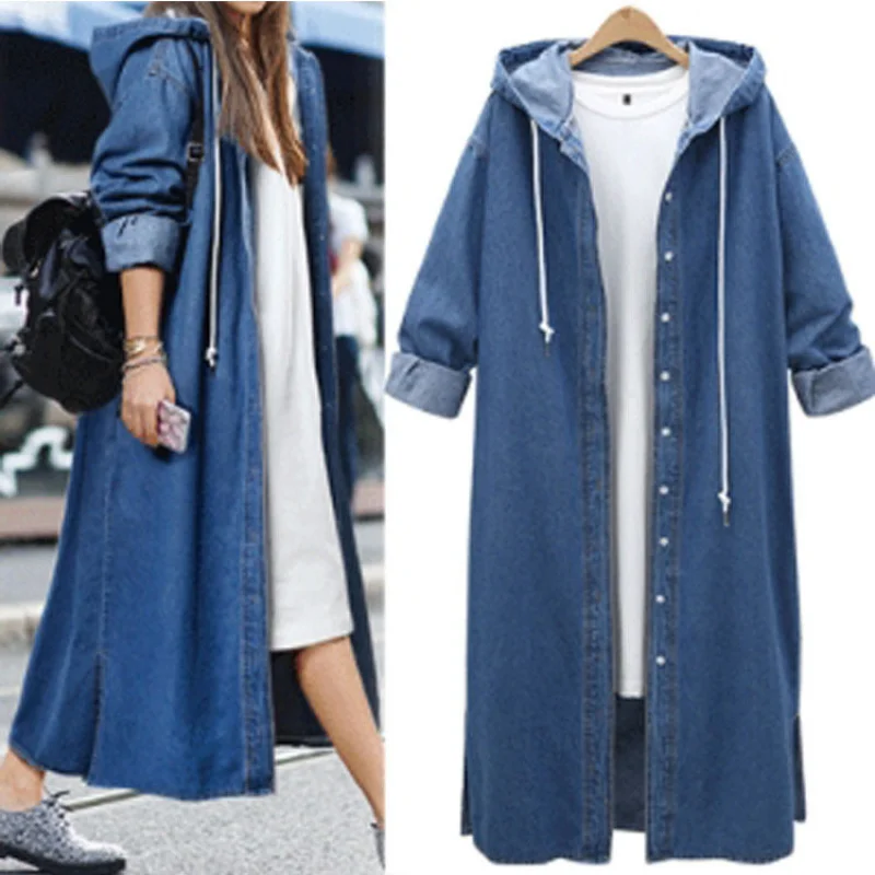 

European and American Ladies Denim Trench Coat Loose Comfortable Lengthened Design Dark Blue Hooded Casual Denim Coat Long Shirt