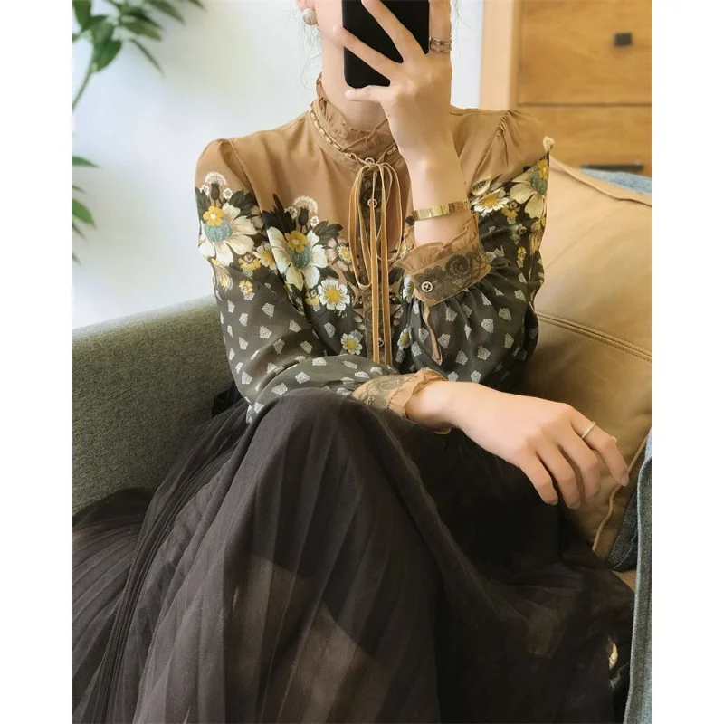

Silk Shirt for Women Summer 2023 New In Floral Printed Casual Satin Blouses Loose Long Sleeve Ruffle Top O-neck YCMYUNYAN