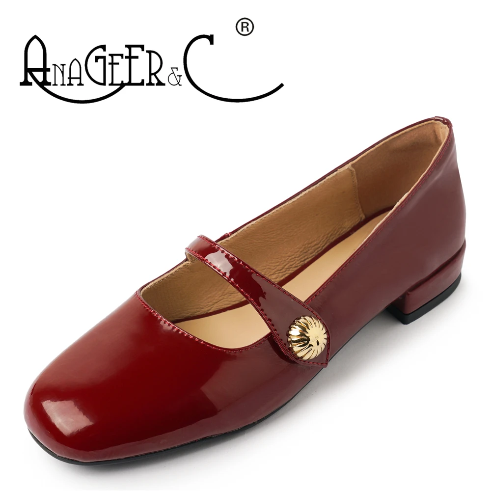 

ANAGEER&C Round Toe Genuine Leather Patent Leather Mary Jane Burgundy Full Leather Metal Decoration Low Block Heel Women's Pumps