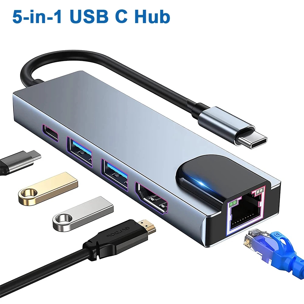 

YP 5 in 1 Hub USB Type C HDMI-compatible Multiport Adapter With Output USB 3.0 2.0 RJ45 Ethernet USB C PD Charging Ports
