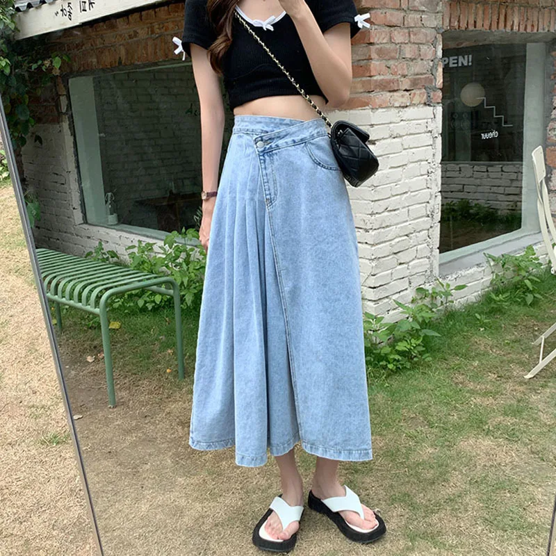 

Y2K 2023 Летние Плиссированные юбки для женщин, модные Лоскутные Джинсовые юбки а-силуэта, женские длинные юбки с высокой талией в Корейском стиле