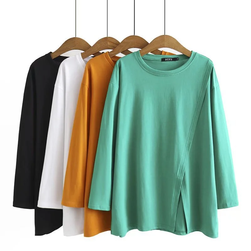 

Solid Color White Black Tops Women Long Sleeved Shirts with Slit Female Large Size A-line Muslimah Fashion Top