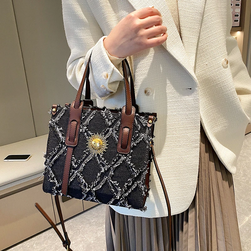 

Oxford Cloth PU Leather Splicing Handbag Fashion Trend Women's Bag Square Tote Bag Smiling Face One Shoulder Messenger Bag