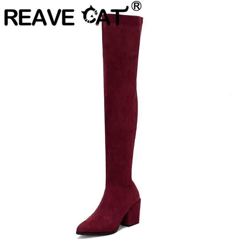 

REAVE CAT Winter Thigh Boots 58cm Shaft Block Heels 8cm Pointed Toe Flock Suede Zipper Big Size 34-48 Solid Concise Sexy Womens