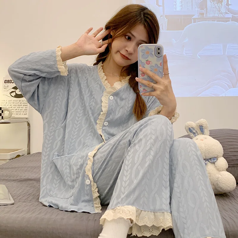 

Pajama Set Ladies Sleepwear New Casual Homewear Long Sleeve Cute 2Pcs Nightwear For Women Pijamas Loose Pants Female Nightsuit