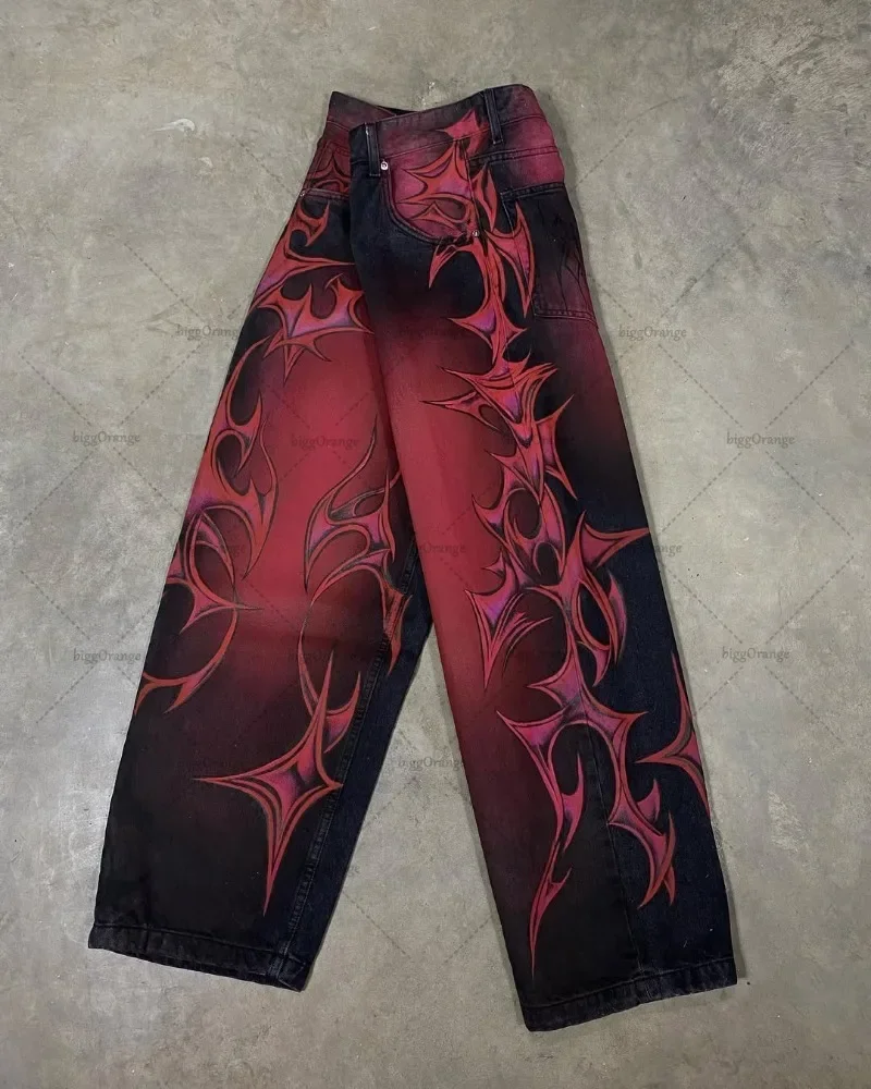 Y2K Свободные джинсы в готическом стиле панк с принтом Уличная одежда Прямые брюки