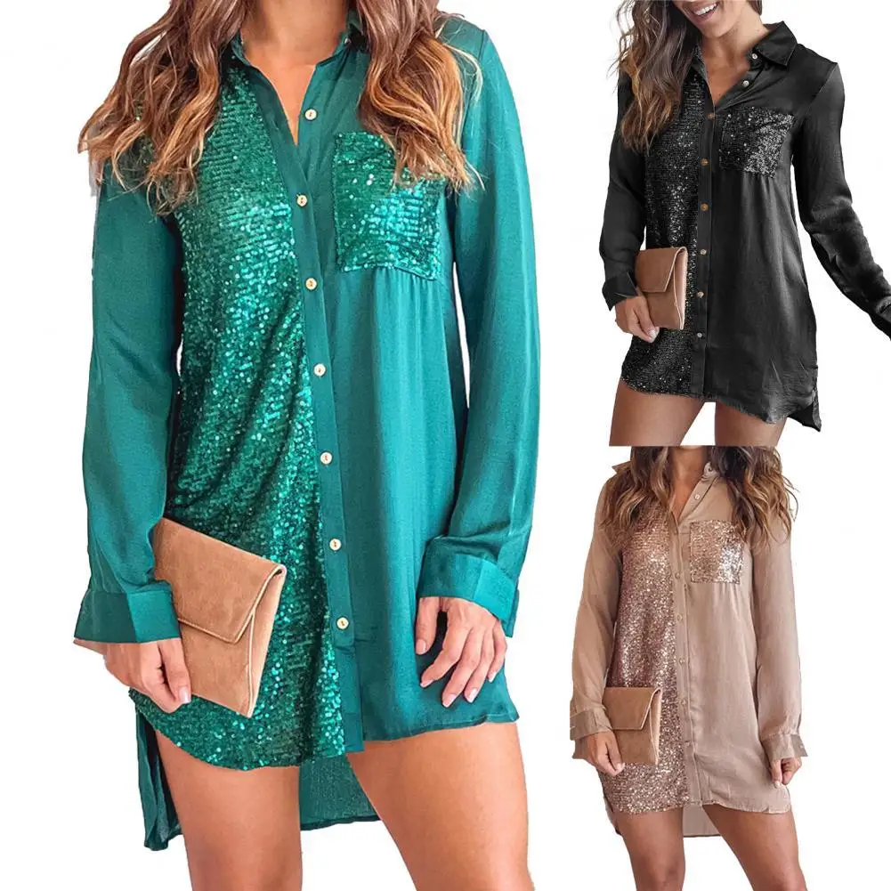 

Shirt Dress Turn-down Collar Long-sleeved Polyester Fashion Sequins Button Down Dress for Dating Wear
