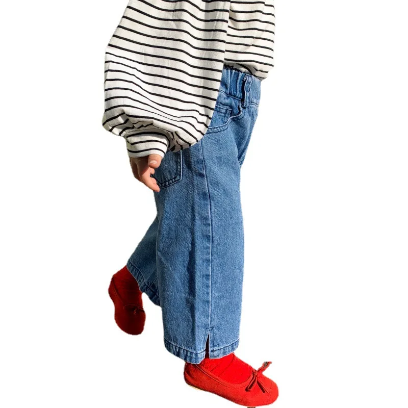 

2022 Spring New Kids Pants Korean Girl Straight-leg Jeans Kids Loose and Versatile Long Pants Jeans for Teenage Girls
