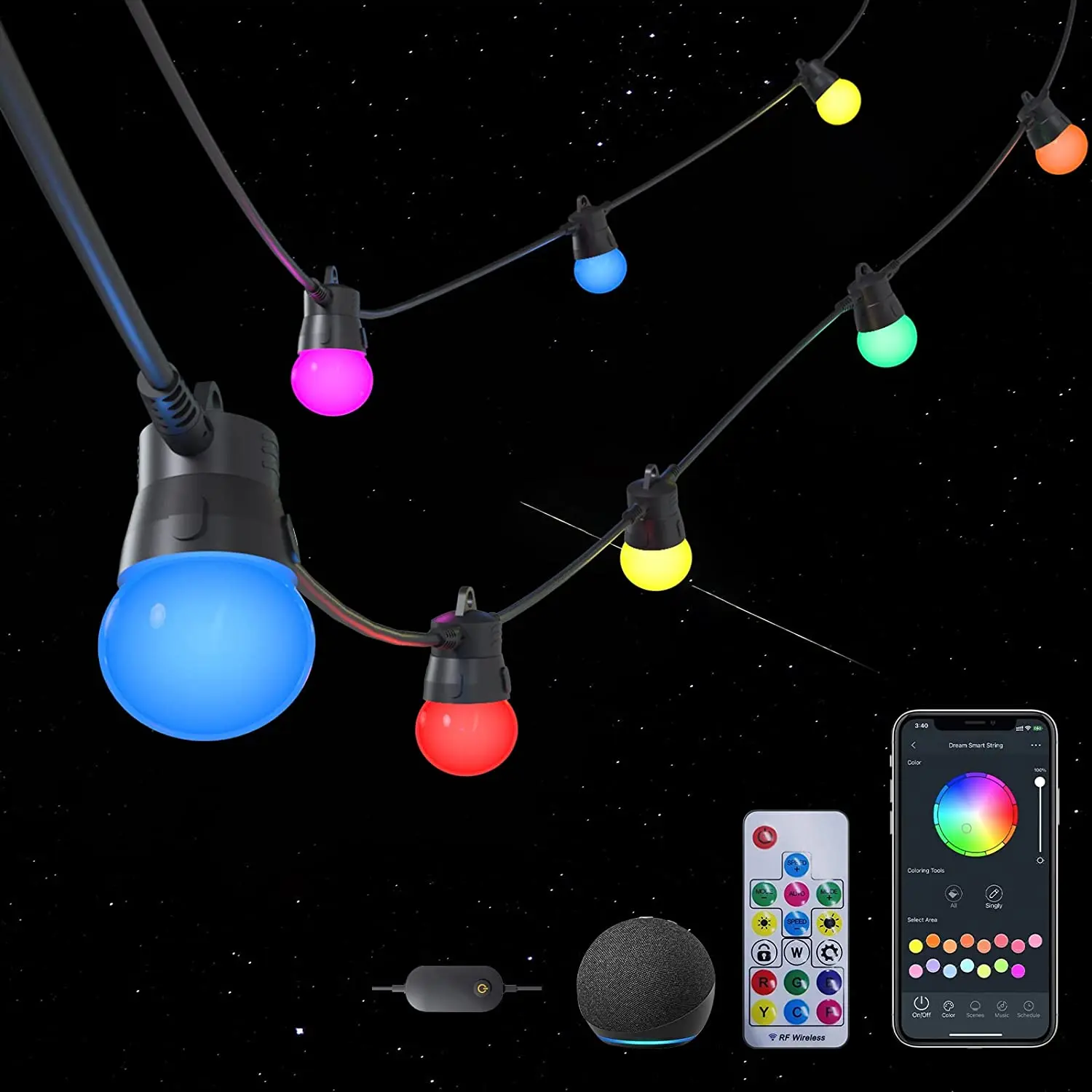 

Smart Outdoor String Lights Waterproof RGBW Color Changing Patio Lights Alexa Google APP Control Lamps for Backyard Garden Party