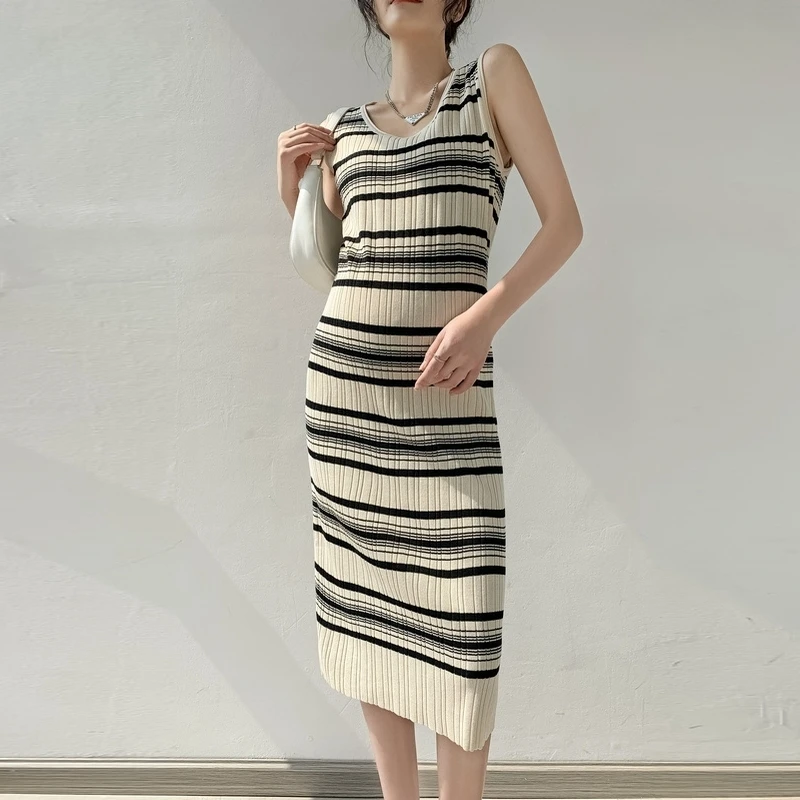 

Summer Fashion Striped Knitted Maternity Long Dress Sleeveless Vest Tank A Line Slim Clothes for Pregnant Women Casual Pregnancy