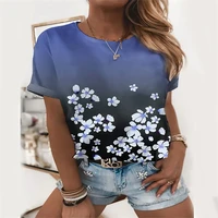 2022 summer new womens flower theme painting t shirt printing round neck loose casual short sleeve top 3d printing