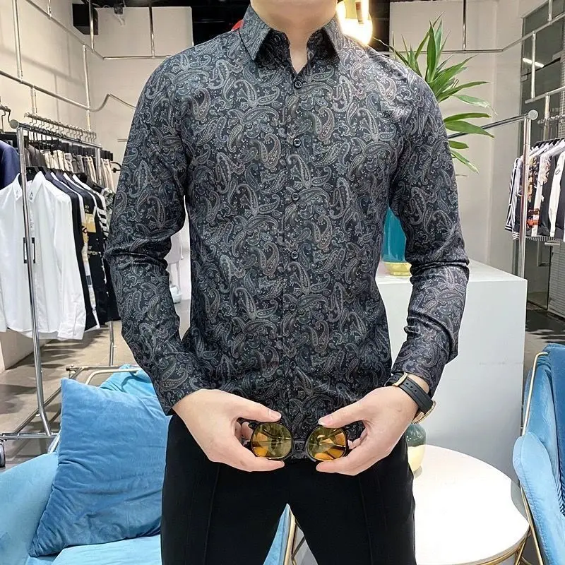 Men's Clothing Spring/Summer Korean Men's Fashion Personality Printed Shirt Slim Fit Lapel Long Sleeve Floral Shirt Clothes Men