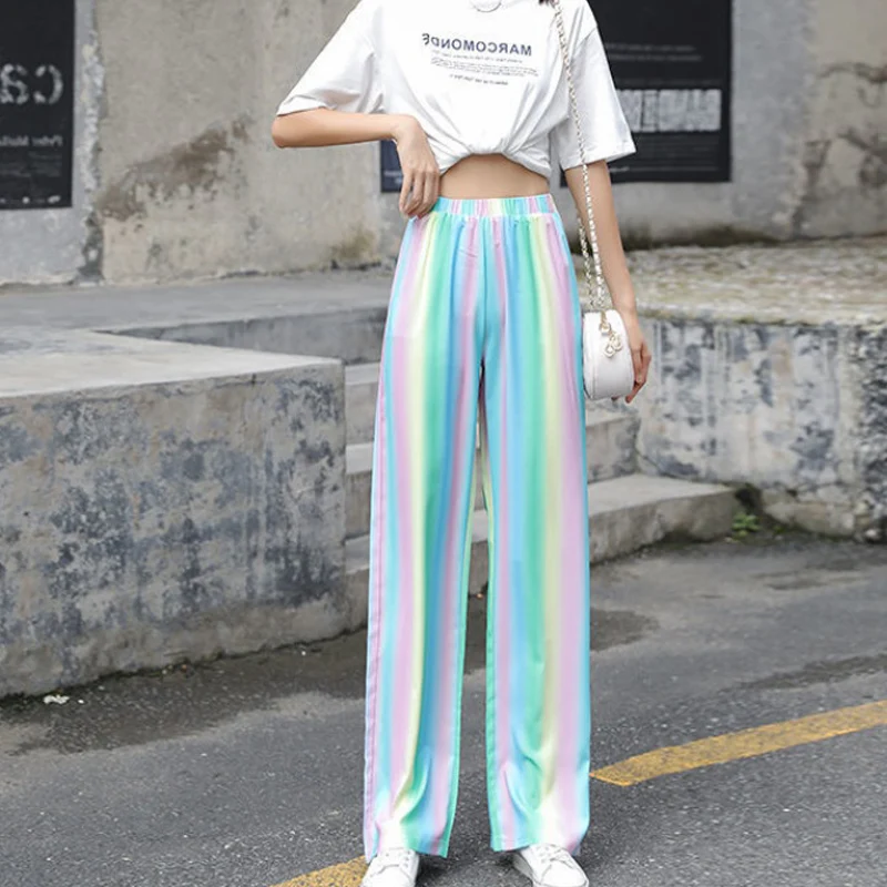 

Women High Waist Loose Korean Wide Leg Pants 2021 Fashion Rainbow Stripe Casual Pant Female Summer High Street Trouser Sweet Pop