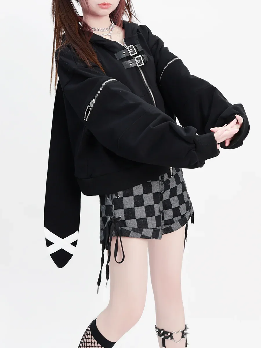 Худи женское в стиле Харадзюку худи с капюшоном панк и готика черное кроличьими