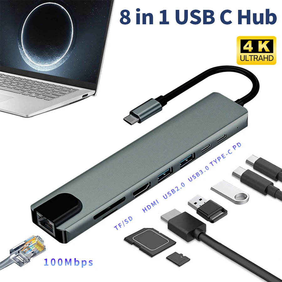 

Док-станция 8 в 1, USB Type-C, HDMI, SD/TF