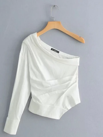 Асимметричная Женская плиссированная рубашка, Повседневная белая блузка с длинным рукавом, Летний стиль, шикарные топы, уличная одежда, S5526