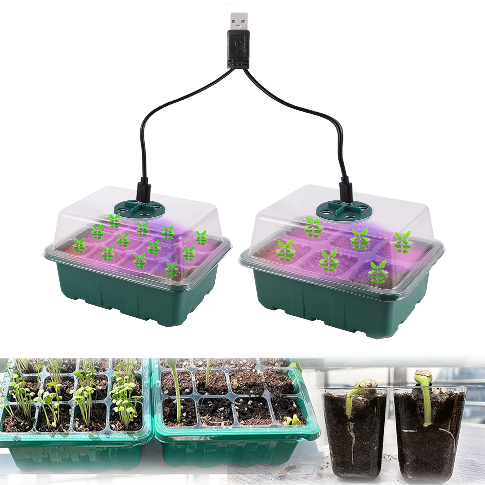 

Seed Starter Tray Box With LED Grow Light Nursery Pot Seedling Germination Planter Adjustable Ventilation Humidity 6/12/13 Cell