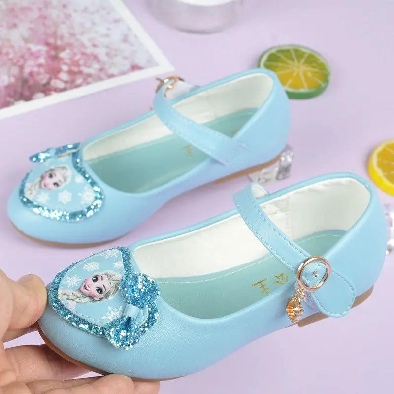 Disney Girls' Shoes Spring Frozen Princess Elsa Shoes Girls Baby Shoes Children's Leather Pink Blue Shoes Size 24-33