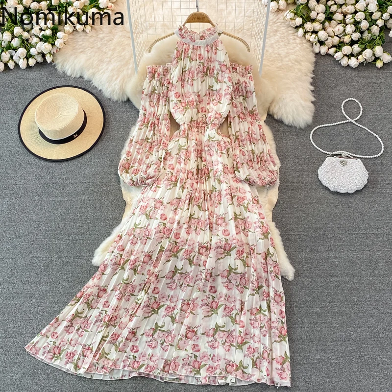 

Nomikuma Dresses for Women 2022 Summer Halter Off Shoulder Floral Print Drawstring Robe Longue Femme Elegant Sexy Robe Longue