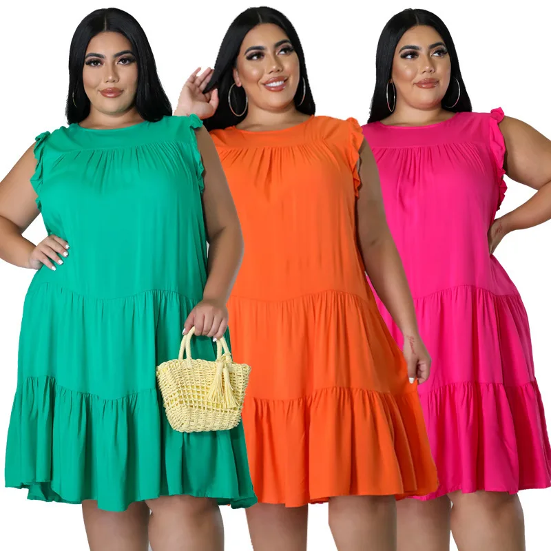 

Plus Size Women's Dresses New Solid Color Patchwork Pleated Hem Loose Dress Plus Size Sexy Sleeveless Dress