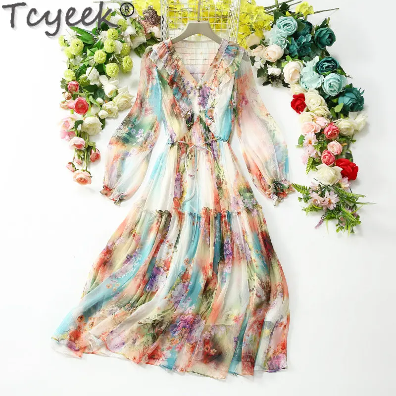 Tcyeek French Real Silk Dress Ladies Spring Summer Floral Clothing Female 2023 Holiday 100% Mulberry Silk Dresses Vestido Mujer