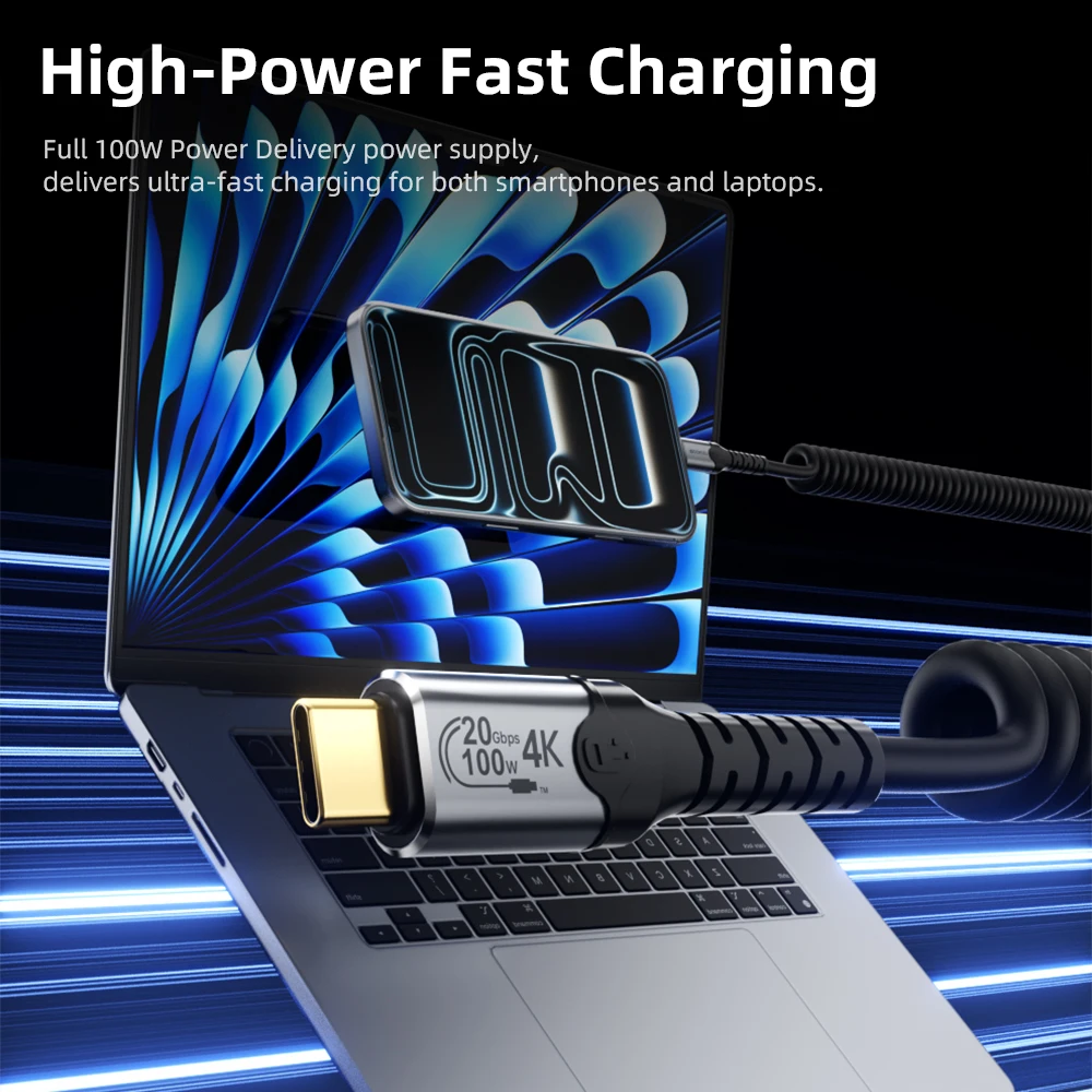 Кабель DOONJIEY Spring Coiled Type C, полнофункциональный USB3.2, 100W PD, совместимость с 4K видео, Thunderbolt 3 4 для MacBook и iPad. (art.: 3920dcd6ccbec) - 3920dcd6ccbec