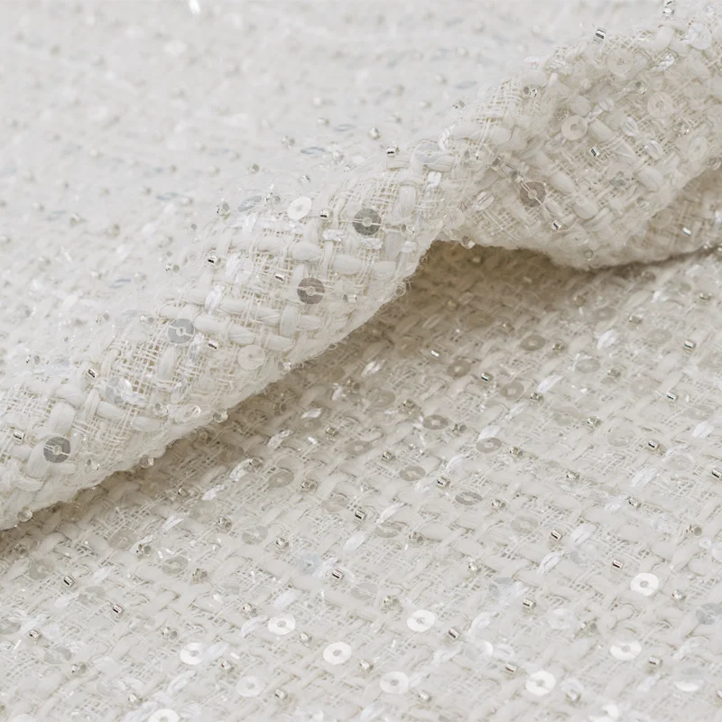 White Beads Sequins Weaving Tweed Fabric For Coat Tissus Au MÈTre Telas Por Metro Ткань Для Шитья Tela Sewing Tissu By The Yard