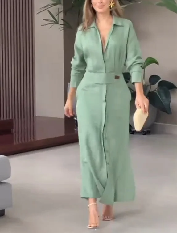 

Elegant Long Sleeve Turn--down Collar Button Up Slim Side Slit Asymmetrical Long Maxi Dress Spring 2023 Sky Blue/Green Clothes