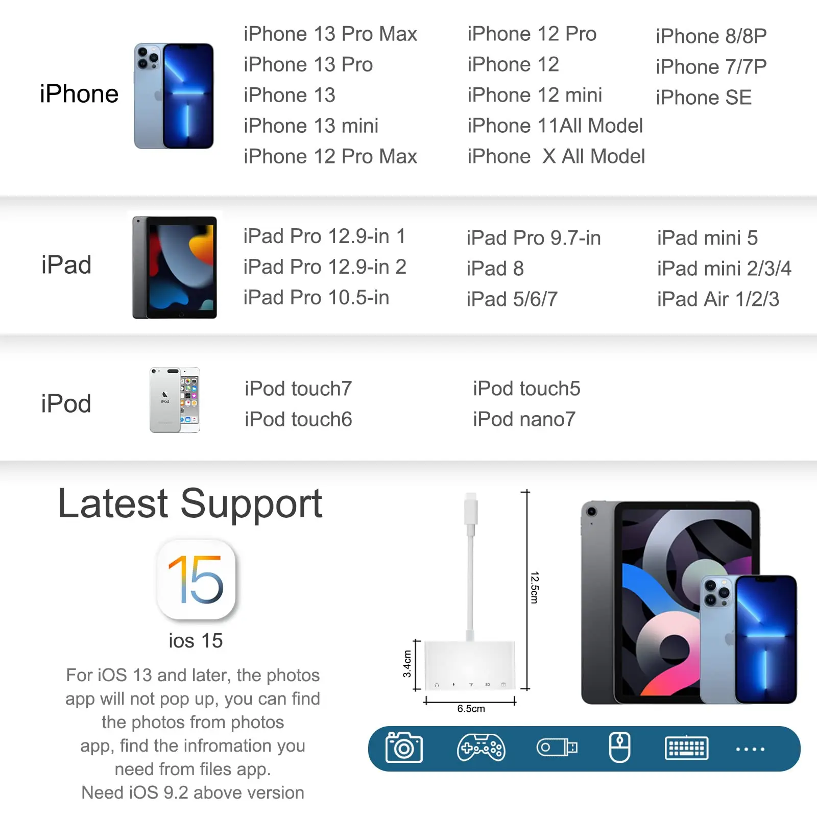 Lightning iPhone to USB3 OTG Camera Adapter/Cable Cord with Charging Lightning iPad to SD/TF Card Reader Support 3.5mm Aux Audio