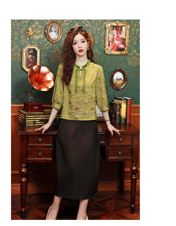 Женский жаккардовый костюм элегантный пикантный топ в китайском стиле с