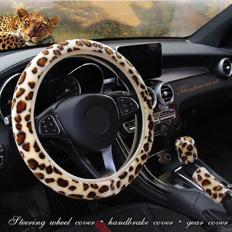 

15 Inch Luxury Leopard Car Steering Wheel Covers Universal Soft Plush Winter Gear Handbrake Cover Car Interior Accessories