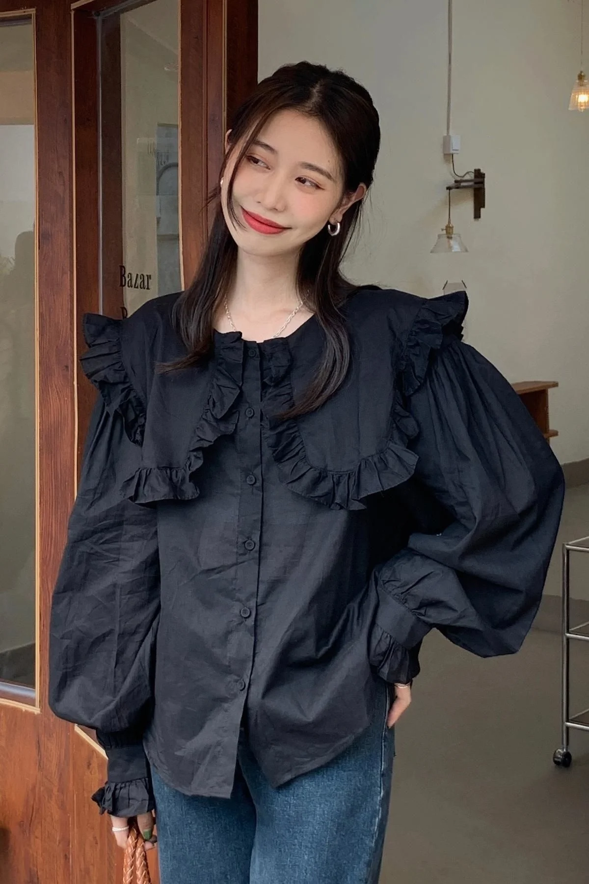 

Блузка для ранней осени светильник легсветильник прозрачная универсальная Свободная рубашка S, модные топы