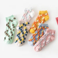 2022 new 6 pairs spring and summer fashion women cotton socks color plaid cute boat socks soft thin college style cartoon socks