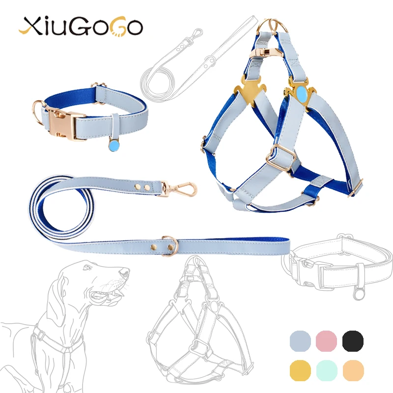 

Mix Color Waterproof Leather Dogs Walking Harness Leash Collar Set Anti-loss Soft Chest Strap Gold Metal Buckle Pet Supplies