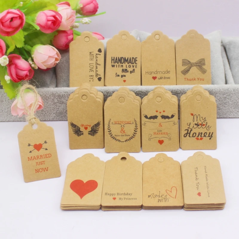 100pcs+100string 3x5cm white/kraft paper. Thank you for handcrafting the label hang tag