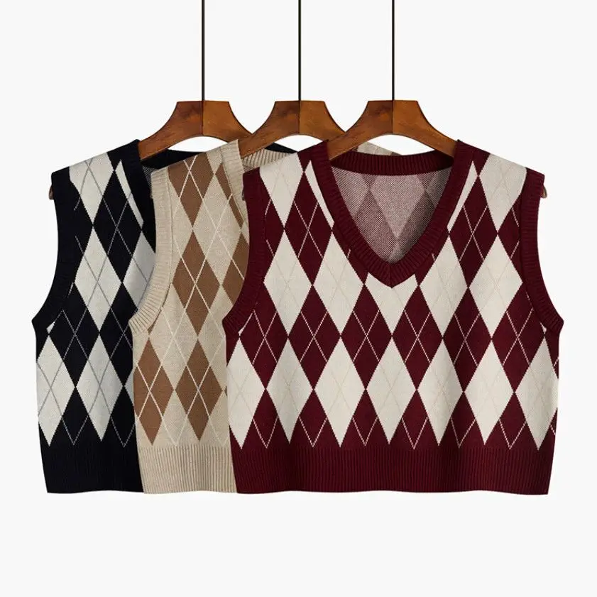 

Женский свитер с V-образным вырезом, черный трикотажный укороченный свитер в клетку без рукавов, повседневный Осенний жилет