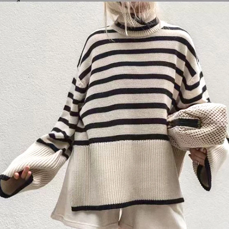 

Women Long Sleeve Turtleneck Wool Cotton Winter Knitted Striped Sweaters Female Pullover Casual Ladies Tops Knitwear New Vintage