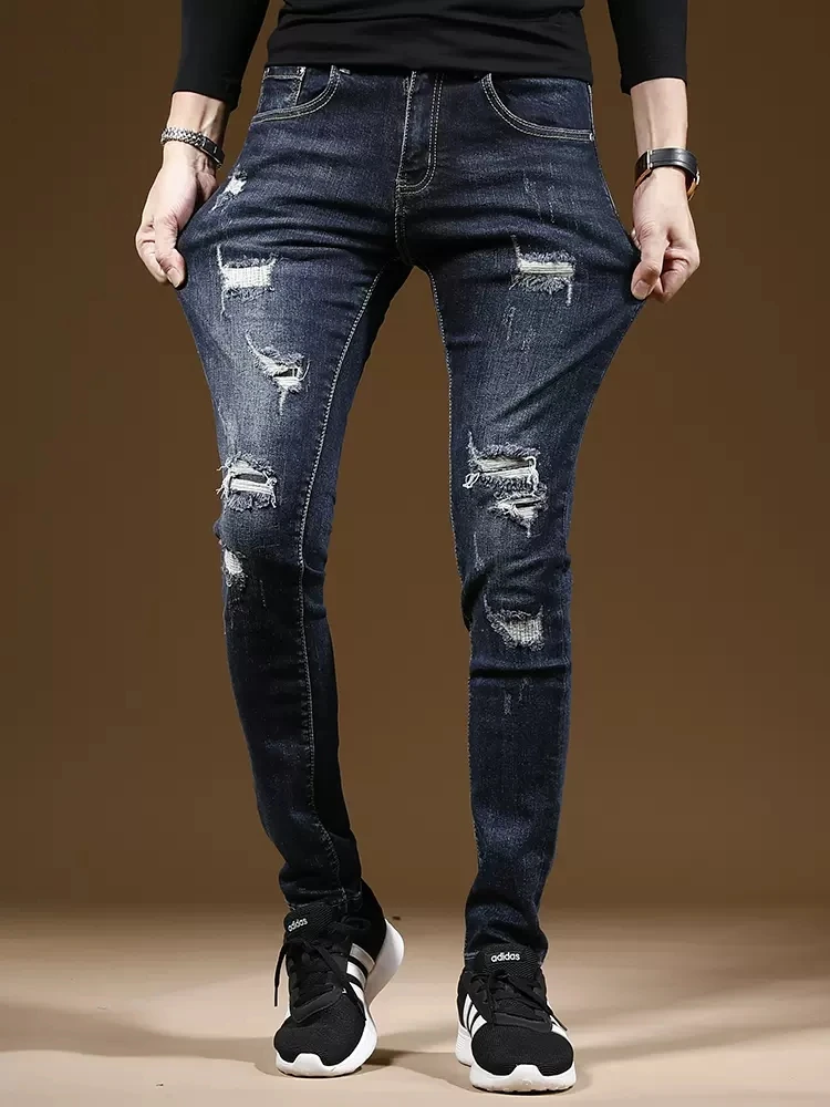 Autumn Men Dark Blue Ripped Jeans Mens Casual Pants Streetwear Fashion Slim Fit Straight Denim Trousers CP1996