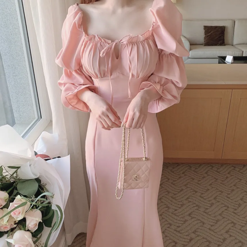 

Новинка 2023, весенняя одежда WTIANYUW, элегантное женское платье с рукавами-фонариками, однотонное приталенное дизайнерское платье с V-образным вырезом