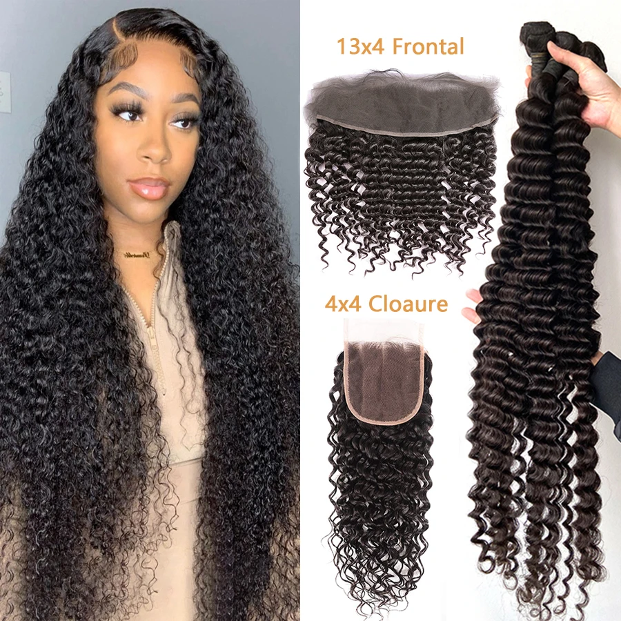 Deep Wave Bundles With Closure Peruvian Hair Extension 13x4 Lace Frontal Human Hair Weave 30 40 Inch Curly Hair Bundles Deal