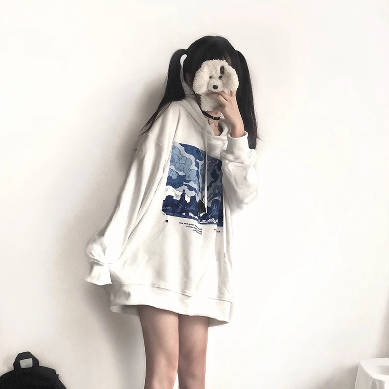 

Модная белая флисовая одежда, весенний Свободный пуловер для колледжа, винтажный свитшот с принтом вулкана, Повседневная Толстовка с рукавами реглан для ленивых