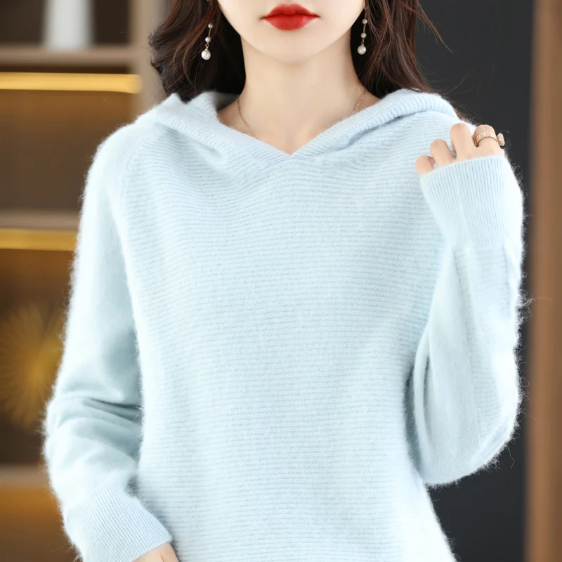 

Новинка 22100%, однотонный кашемировый свитер из чистой норки, вязаный женский свитер с капюшоном, свободный осенний женский кашемировый свитер из норки с длинным рукавом