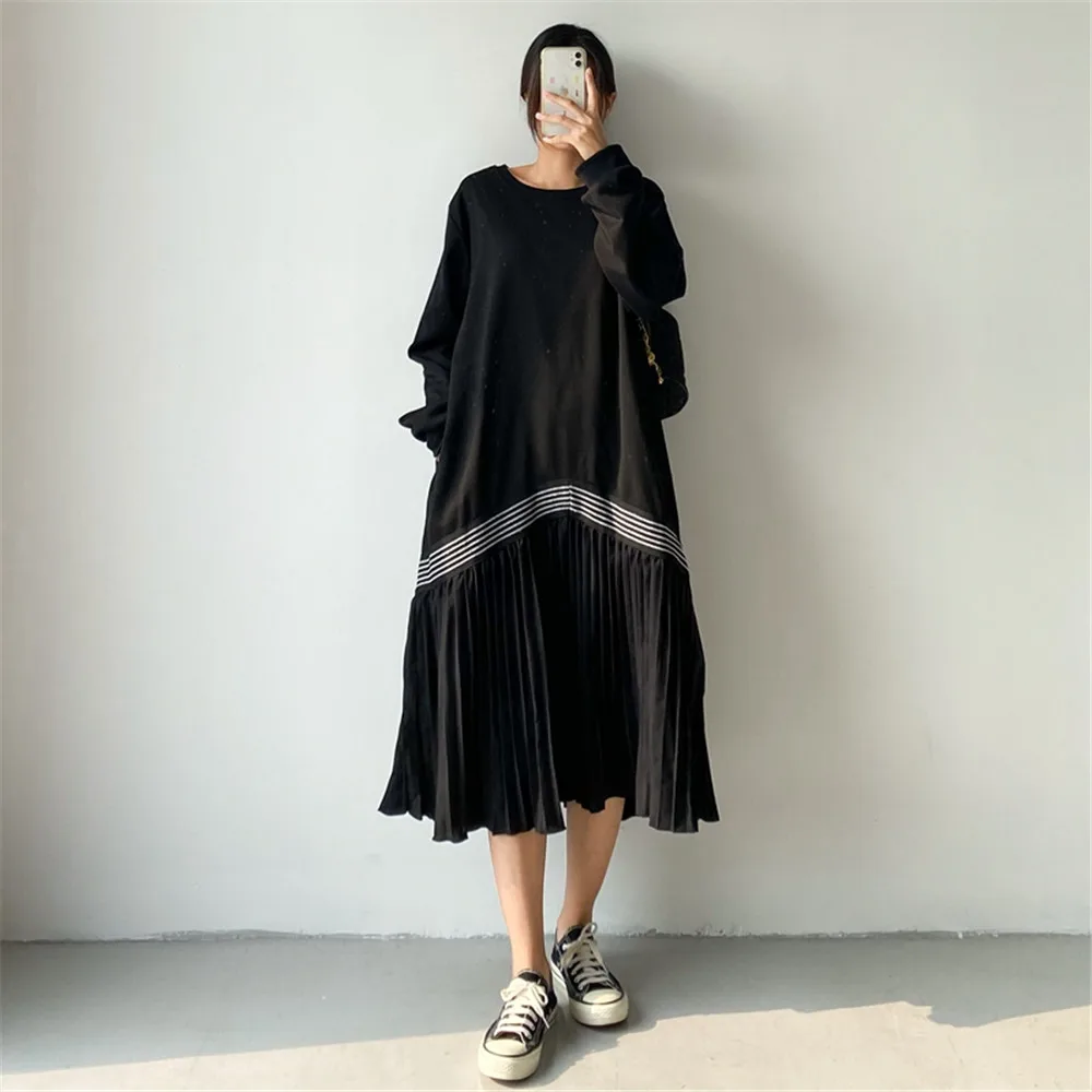 

Dress Elegant Loose Casual Long Pleated Long Sleeve Pleated Patchwork Slim A-Line Skirt Korean Autumn Spring New Fashion 2022