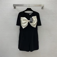 women pure balck h line loose dress o neck decorated with a big bowknot casual and leisure style elegant and comfortable summer