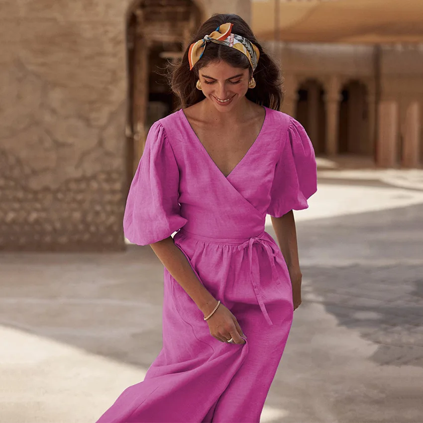 

French Long Dress Women Summer Elegant Puff Sleeve V-neck Lace-up Waist A-line Dresses Female Boho Split Maxi Dress Beachwear