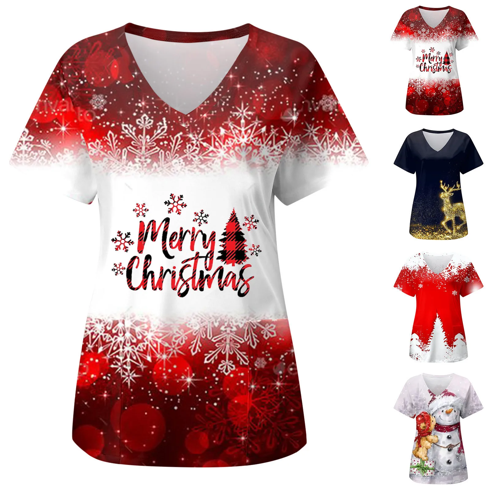 

Womens Christmas Print Top Pocket V Neck Overalls T Shirt Short Sleeves Basics under Shirt Summer Shirts for Women Violet Shirt